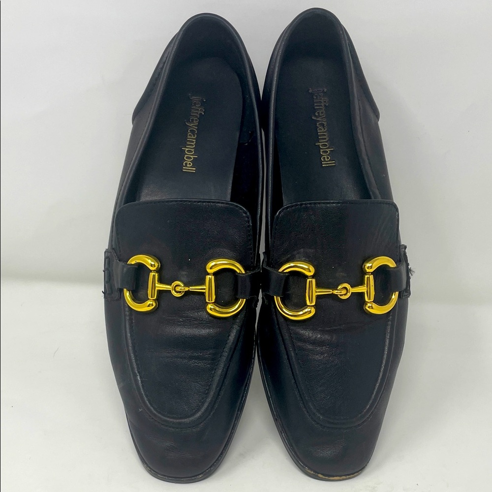 Jeffrey Campbell Black Leather Gold Accent Horsebit Slip On Loafers Size 8.5